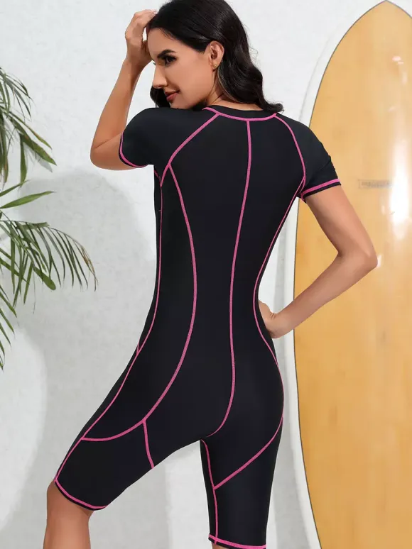 Contrast Stitch Zip Front Boyleg Athletic Swimsuit