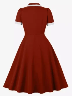 Contrast Trim Lapel Collar Double Pocket A Line Retro Tea Dress For Women 2026