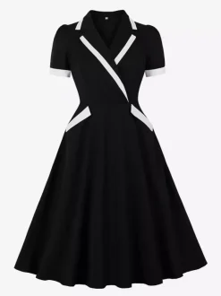 Contrast Trim Lapel Collar Double Pocket A Line Retro Tea Dress For Women 2026