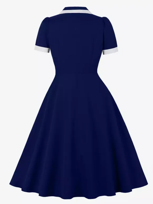 Contrast Trim Lapel Collar Double Pocket A Line Retro Tea Dress For Women 2026