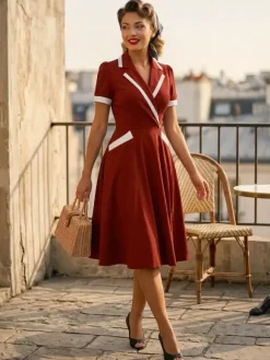 Contrast Trim Lapel Collar Double Pocket A Line Retro Tea Dress For Women 2026