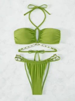 Convertible Halter Bikini Top And G String Bottom 2 Pieces Set In Solid Color