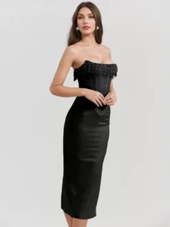 Corset Dress Fringe Pleated Lace-up Back Prom Birthday Party Midi Dresses
