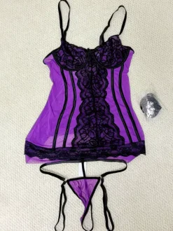 Corset Lingerie Purple Mesh Black Lace Underwire Waist Cinching Bustier Top