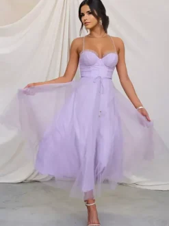 Corset Midi Dress Spaghetti Straps Shirred Lace-up Tulle Skirt Dresses