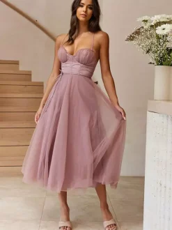 Corset Midi Dress Spaghetti Straps Shirred Lace-up Tulle Skirt Dresses