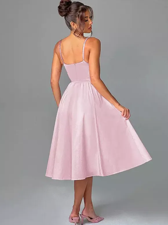 Corset Style Midi Dress Women - Cottagecore Spaghetti Strap Sundress - Summer Garden Wedding Guest Dress 2026