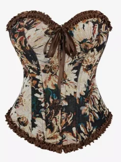 Corsets Blue Tops Lace-up Ruffles Floral Print Street Wear Elegant Lingerie
