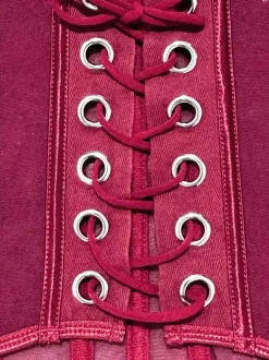 Corsets Pants Sets Burgundy Polyester Backless Lace Up Indoor Sexy Lingerie Sets