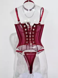 Corsets Pants Sets Burgundy Polyester Backless Lace Up Indoor Sexy Lingerie Sets