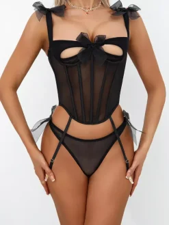 Corsets Red Sexy Polyester Dating Lace Up 2-Piece Lingerie With Pants