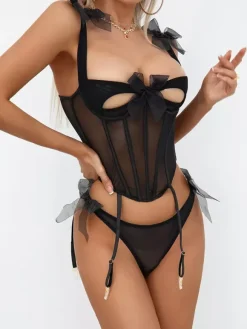 Corsets Red Sexy Polyester Dating Lace Up 2-Piece Lingerie With Pants