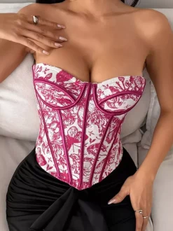 Corsets Tops Blue Lace-up Floral Print Street Wear Bohemian Lingerie