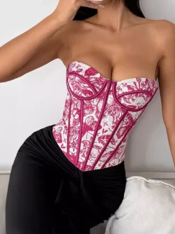 Corsets Tops Blue Lace-up Floral Print Street Wear Bohemian Lingerie
