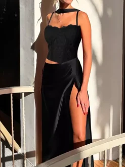 Corset Style Lace Maxi Dress For Women - Drape Ruched Bodycon Gown - Spring Evening Party Outfits 2026