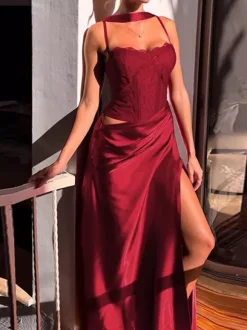 Corset Style Lace Maxi Dress For Women - Drape Ruched Bodycon Gown - Spring Evening Party Outfits 2026