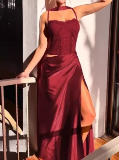 Corset Style Lace Maxi Dress For Women - Drape Ruched Bodycon Gown - Spring Evening Party Outfits 2026