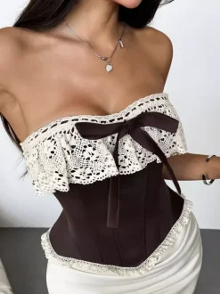 Corset Top Burgundy Sexy Sleeveless Strapless Slim Fit Lace Bows Lace-ups Tops