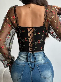 Corset Tops Black Chic Illusion Sleeves Long Sleeves Straps Neck Slim Fit Sheer Lace-up Tops