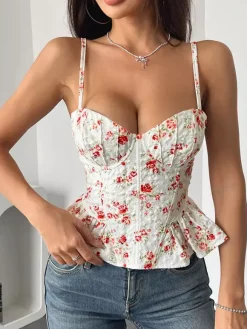Corset Tops Black Corset Tops Chic Straps Neck Slim Fit Peplum Lace-up Tops