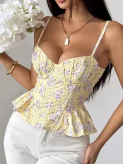 Corset Tops Black Corset Tops Chic Straps Neck Slim Fit Peplum Lace-up Tops