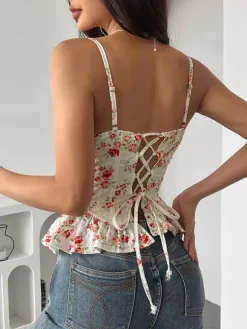 Corset Tops Black Corset Tops Chic Straps Neck Slim Fit Peplum Lace-up Tops