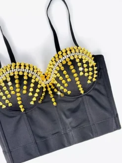 Corset Tops Black Gold Sexy Sleeveless Straps Neck Slim Fit Rivets Tops
