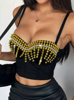 Corset Tops Black Gold Sexy Sleeveless Straps Neck Slim Fit Rivets Tops