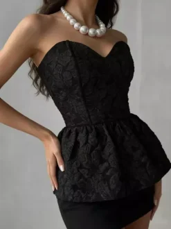 Corset Tops Black Sexy Lace-up Strapless Jacquard Corset Top Peplum Bustier