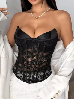 Corset Tops Black Sexy Sleeveless Strapless Slim Fit Lace Tops