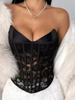 Corset Tops Black Sexy Sleeveless Strapless Slim Fit Lace Tops