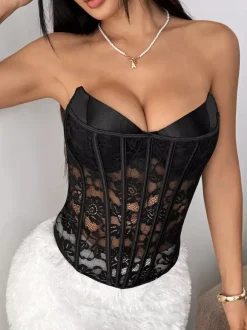 Corset Tops Black Sexy Sleeveless Strapless Slim Fit Lace Tops