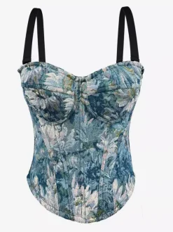 Corset Tops Blue Retro Sleeveless Strapless Printed Slim Fit Tops
