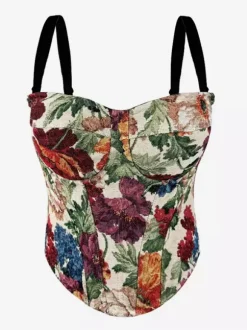 Corset Tops Blue Retro Sleeveless Strapless Printed Slim Fit Tops
