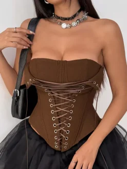 Corset Tops Brown Sexy Sleeveless Strapless Slim Fit Lace-up Tops