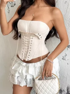 Corset Tops Brown Sexy Sleeveless Strapless Slim Fit Lace-up Tops