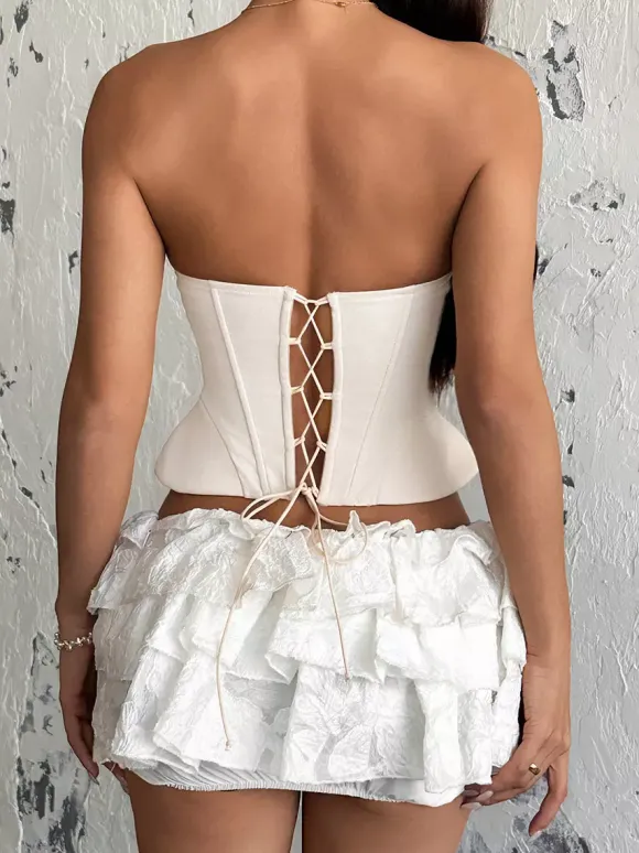 Corset Tops Brown Sexy Sleeveless Strapless Slim Fit Lace-up Tops