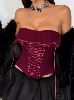 Corset Tops Brown Sexy Sleeveless Strapless Slim Fit Lace-up Tops