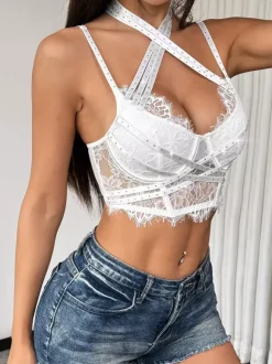 Corset Tops Burgundy Sexy Sleeveless Straps Neck Slim Fit Lace Criss-Cross Tops