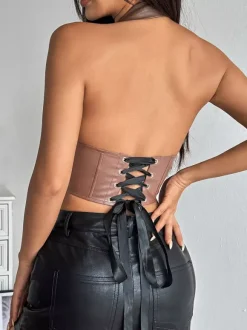 Corset Tops Burgundy Sexy Sleeveless Slim Fit Lace Lace-up Tops