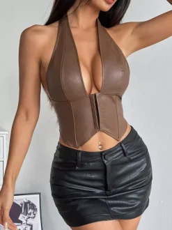 Corset Tops Burgundy Sexy Sleeveless Slim Fit Lace Lace-up Tops