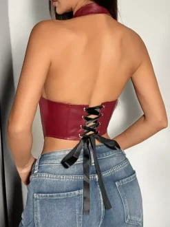 Corset Tops Burgundy Sexy Sleeveless Slim Fit Lace Lace-up Tops