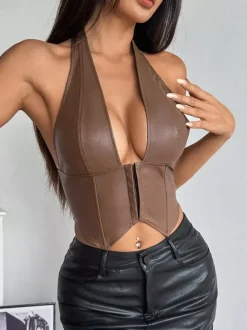 Corset Tops Burgundy Sexy Sleeveless Slim Fit Lace Lace-up Tops