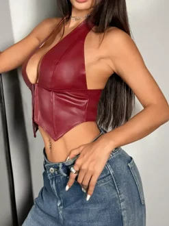 Corset Tops Burgundy Sexy Sleeveless Slim Fit Lace Lace-up Tops