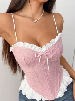 Corset Tops Coquette Pink Ruffles Sexy Sleeveless Straps Neck Peplum Lace-up