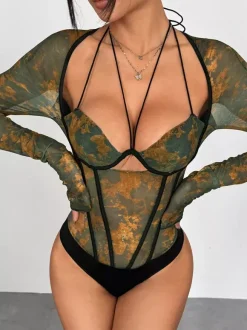 Corset Tops Dark Green Sexy Flared Sleeves Long Sleeves Slim Fit Tops