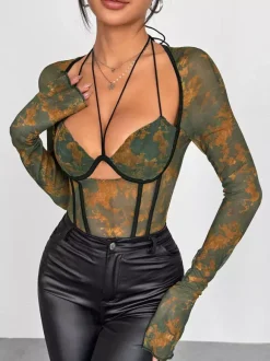Corset Tops Dark Green Sexy Flared Sleeves Long Sleeves Slim Fit Tops