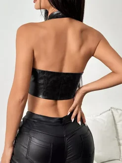 Corset Tops Deep Brown Chic Sleeveless Straps Neck Slim Fit Backless PU Lace Up Tops