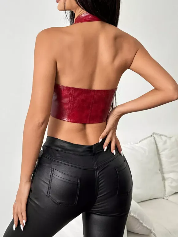 Corset Tops Deep Brown Chic Sleeveless Straps Neck Slim Fit Backless PU Lace Up Tops