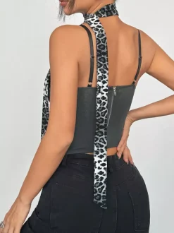 Corset Tops Leopard Print Black Chic Sleeveless Straps Neck Leopard Print Zipper Bustier
